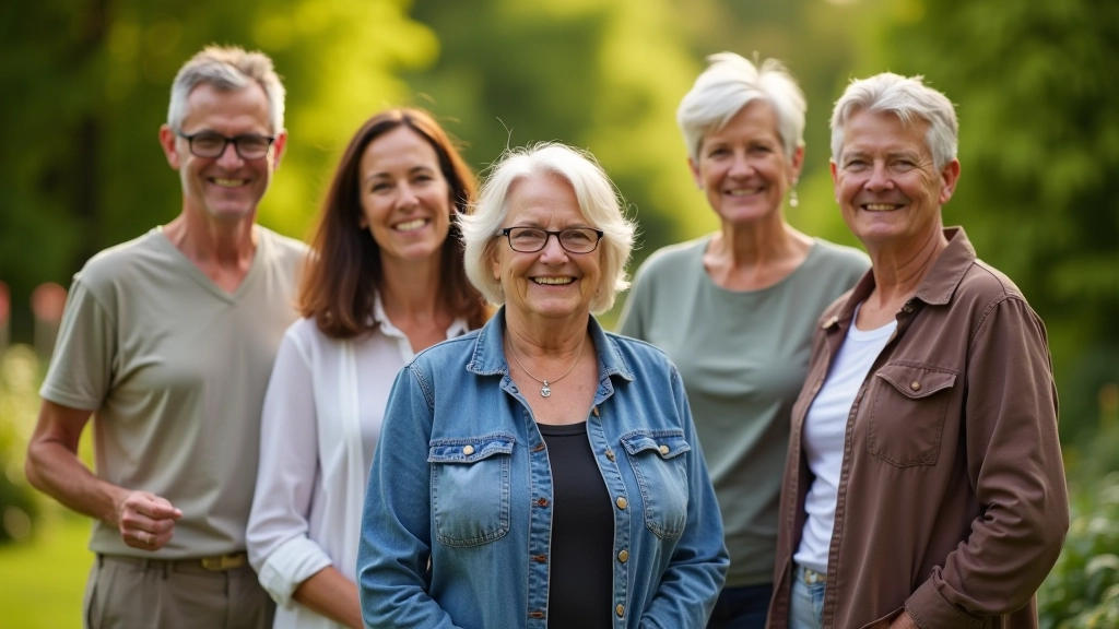 Diverse group of 4-5 adults aged 45-70 sitting together in community setting, genuine engagement, natural warm lighting