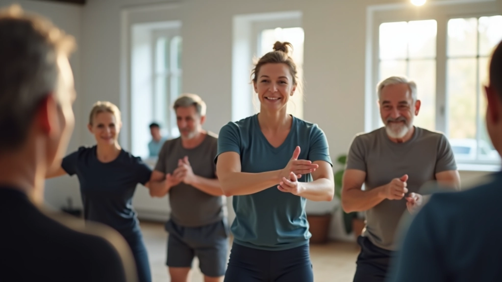 Group of adults aged 50-60 in fitness class, instructor demonstrating, natural enthusiasm and focus visible