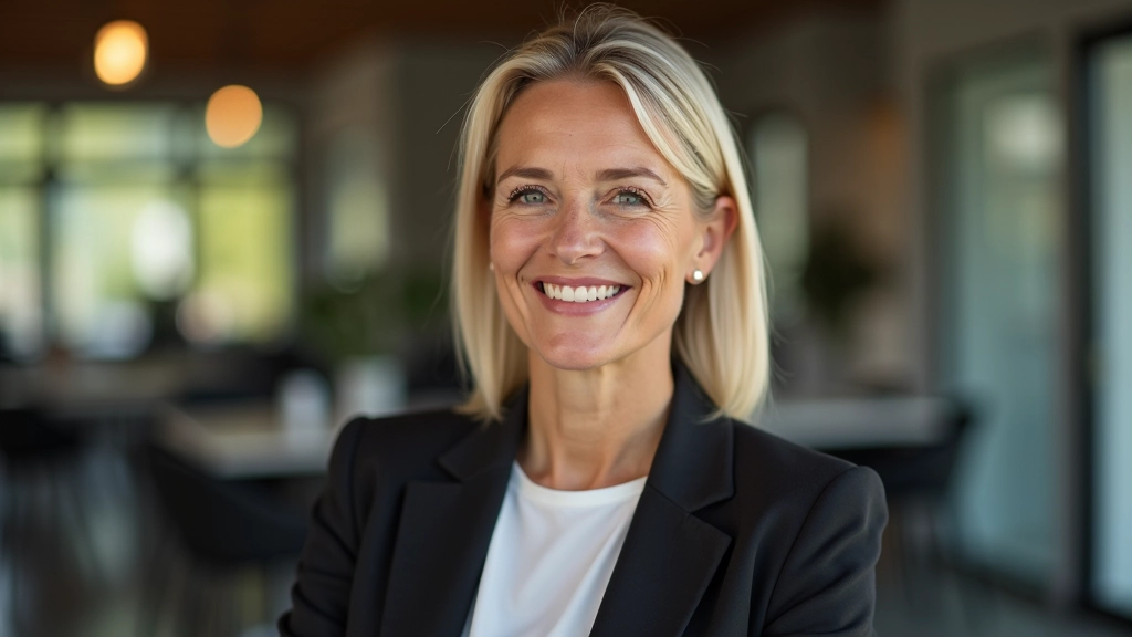 Portrait of woman aged 50 smiling confidently, warm inviting expression, professional lighting, casual elegant setting