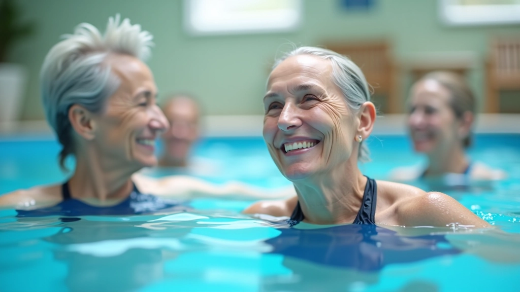 Diverse group of older adults in water aerobics class, smiling, shallow pool with blue water, natural daylight from above