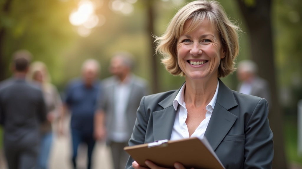 Mature adult smiling while volunteering at community event, holding clipboard, portrait from chest up