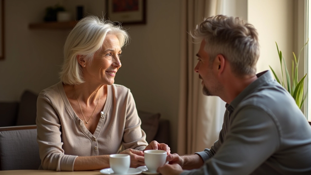 Adult woman aged 55 and adult child having warm conversation over coffee at table, intimate setting with natural afternoon light